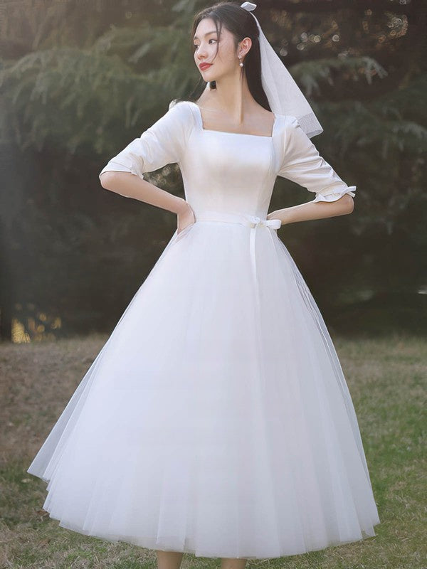 Tea-length Ball Gown Wedding Dress with Square Neckline and Pockets