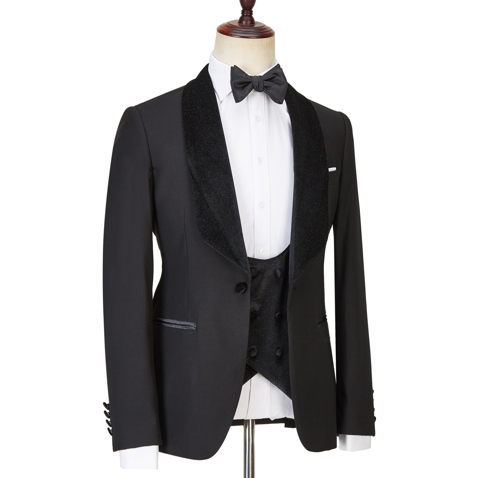 Three Pieces Shawl Lapel Sparkle Men Black Wedding Suits