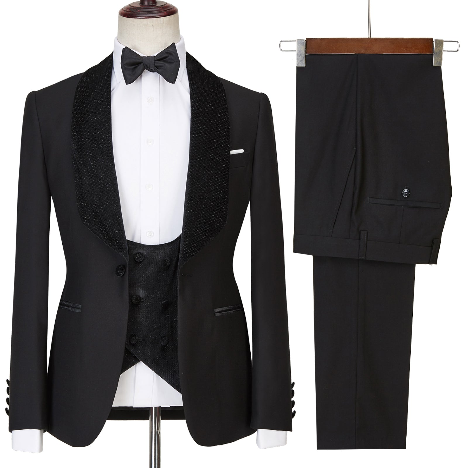 Three Pieces Shawl Lapel Sparkle Men Black Wedding Suits