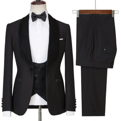 Three Pieces Shawl Lapel Sparkle Men Black Wedding Suits