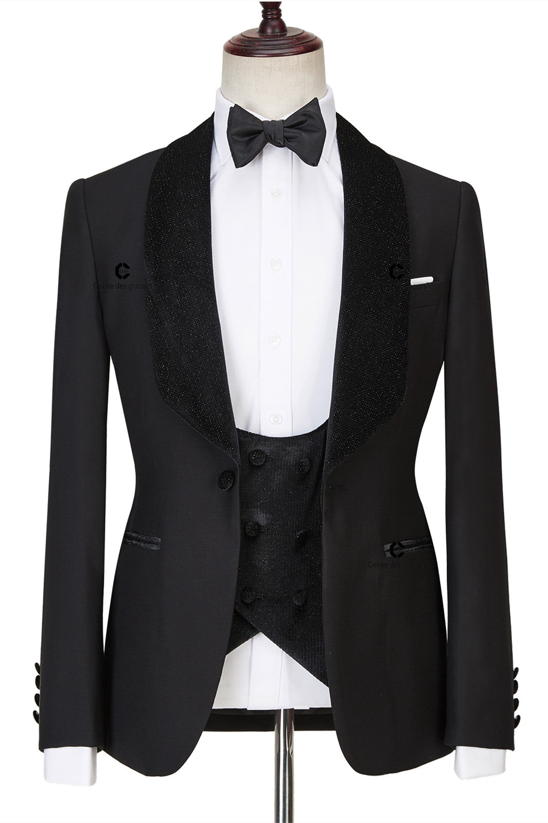 Three Pieces Shawl Lapel Sparkle Men Black Wedding Suits