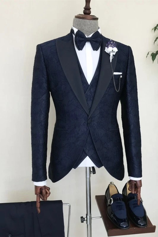 Three Pieces Dark Navy Jacquard Peaked Lapel Men's Suit for Wedding