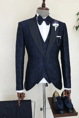 Three Pieces Dark Navy Jacquard Peaked Lapel Men's Suit for Wedding