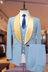 Three Pieces Light Bespoke Blue Wedding Suits With Satin Lapel