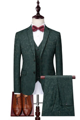 Three Pieces Notched Lapel Dark Jacquard Green Prom Suits
