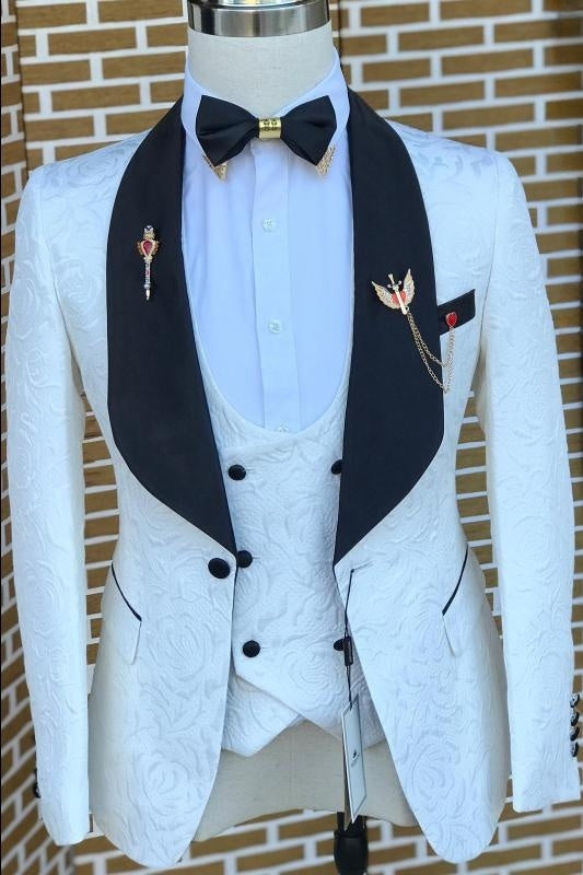 Three Pieces Jacquard Bespoke White Wedding Suits With Black Lapel