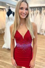 Tight Red V-Neck Short Homecoming Dress with Rhinestones