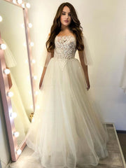 Timeless Elegance: Ball Gown Off-the-Shoulder Tulle Sweep Train Wedding Dress with Beading