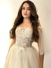Timeless Elegance: Ball Gown Off-the-Shoulder Tulle Sweep Train Wedding Dress with Beading
