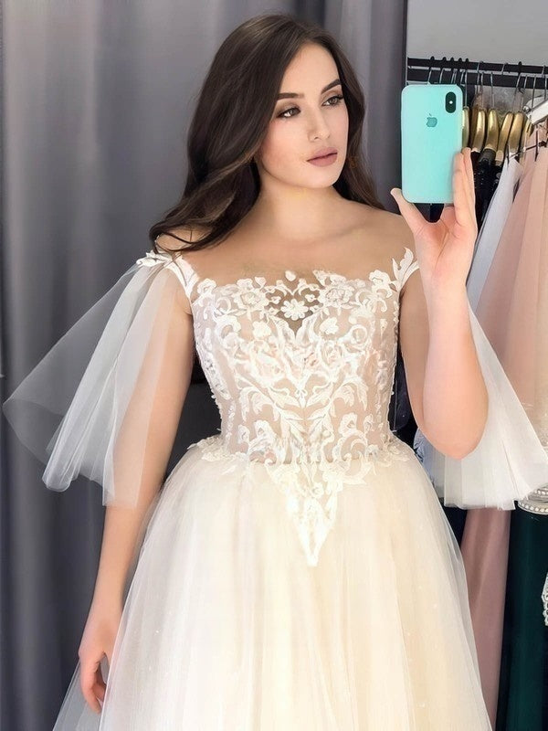 Timeless Elegance: Ball Gown Off-the-Shoulder Tulle Sweep Train Wedding Dress with Beading
