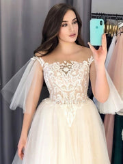 Timeless Elegance: Ball Gown Off-the-Shoulder Tulle Sweep Train Wedding Dress with Beading