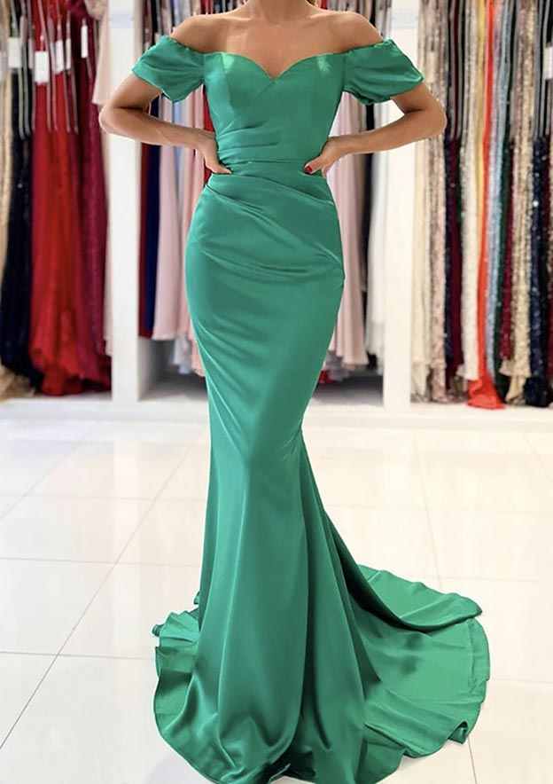 Trumpet/Mermaid Off-the-Shoulder Satin Prom Dress With Pleated Sweep Train-27dress