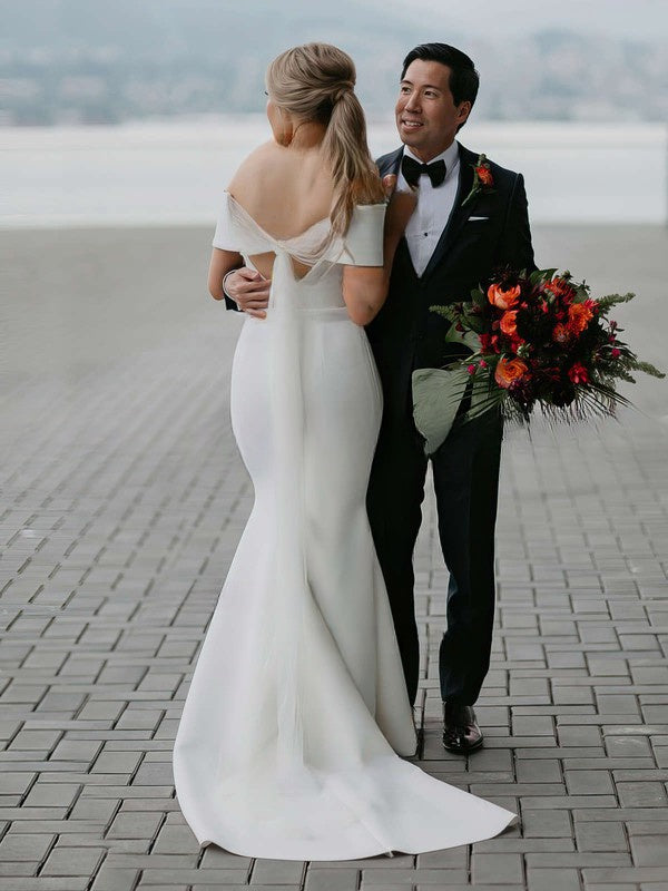 Trumpet/Mermaid Off-the-shoulder Stretch Crepe Sweep Train Wedding Dress