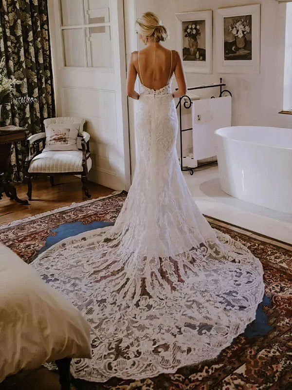 Trumpet/Mermaid Sweetheart Lace Court Train Wedding Dress With Sashes and Ribbons