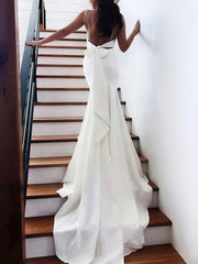 Trumpet/Mermaid V-neck Stretch Crepe Wedding Dresses With Buttons Sweep Train