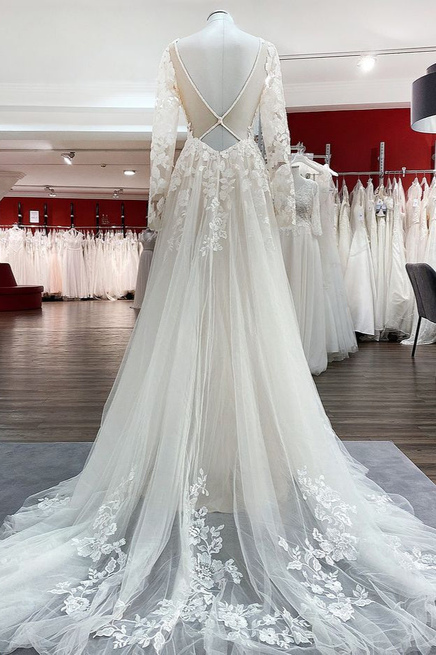 Tulle Ivory Long Sleeves Lace Appliques Wedding Dresses Long-27dress