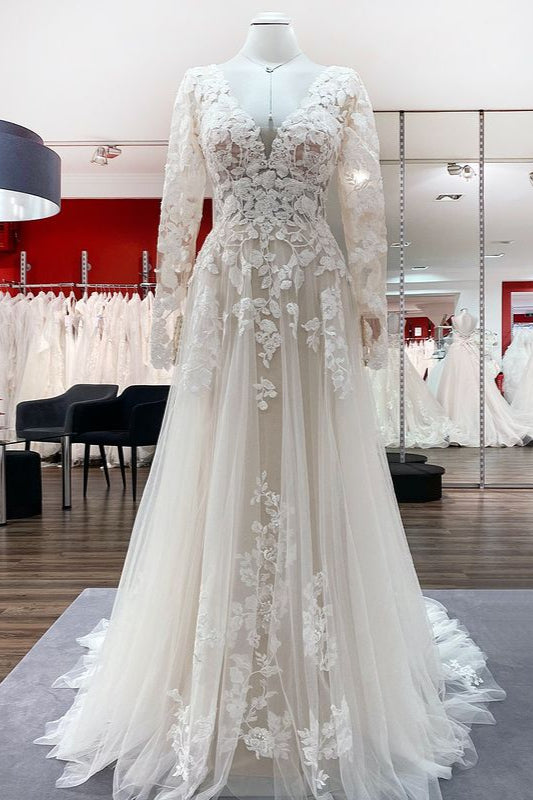 Load image into Gallery viewer, Tulle Ivory Long Sleeves Lace Appliques Wedding Dresses Long-27dress
