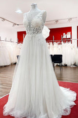 Tulle Lace V Neck White Ruffles Wedding Dresses With Lace-27dress