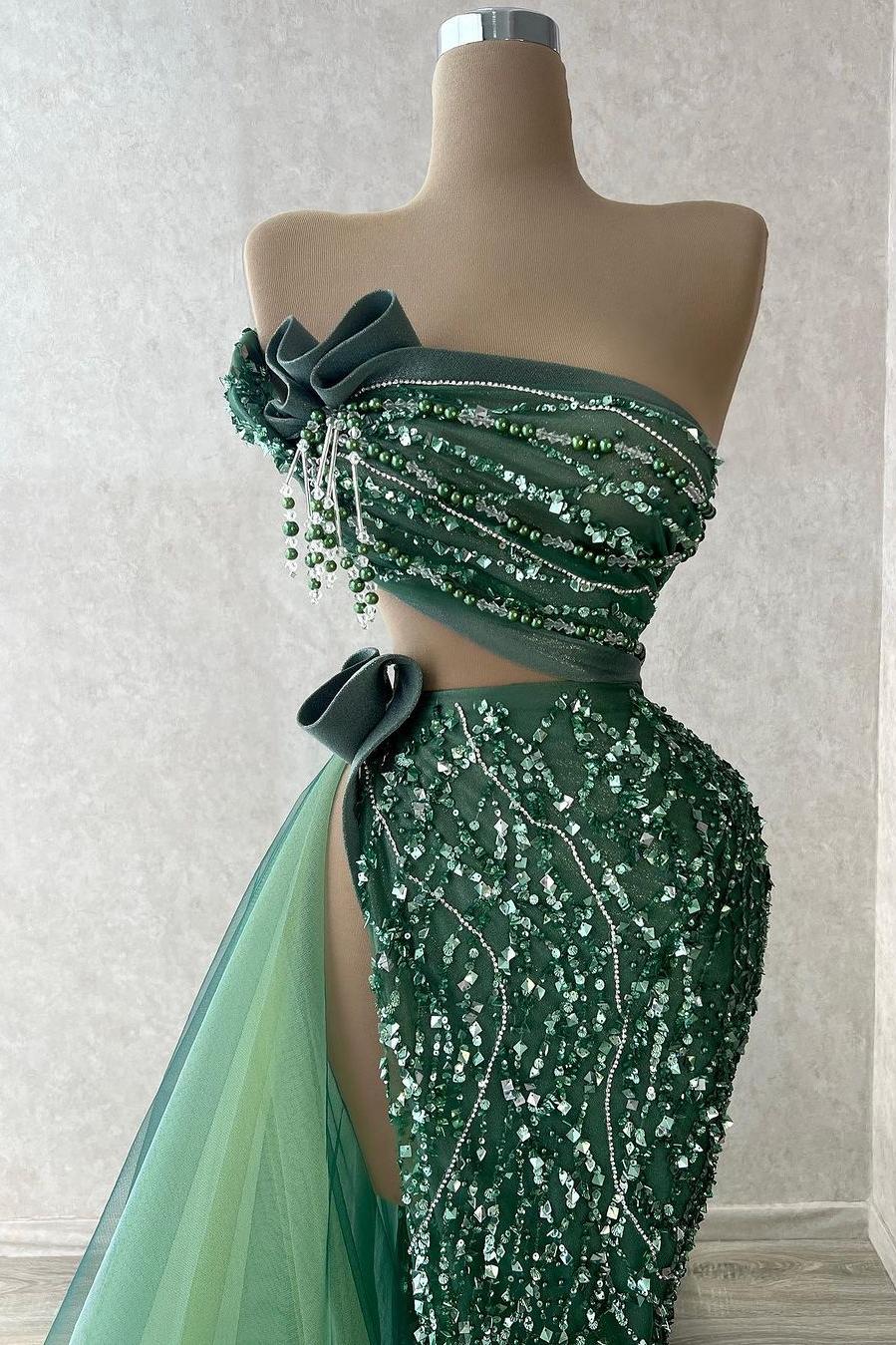 Tulle Strapless Sleeveless High Split Long Prom Dress With Beading
