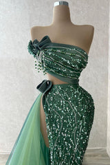 Tulle Strapless Sleeveless High Split Long Prom Dress With Beading
