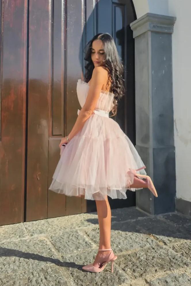 Tulle Strapless Sleeveless Short A Line Prom Dress With Belt