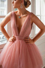 Tulle Straps V Neck Sleeveless Long Prom Dress With Ruffles