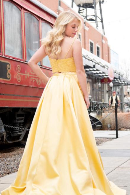 Two Piece Yellow Prom Dress with Pockets