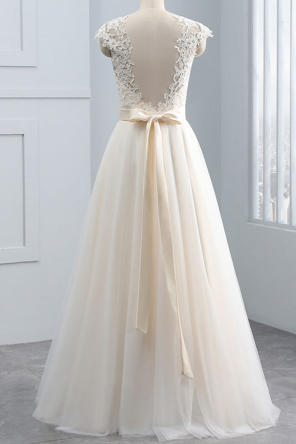 Unique Appliques Champagne Sleeveless Wedding Dresses Straps Chiffon A-line Bridal Gown On Sale-27dress