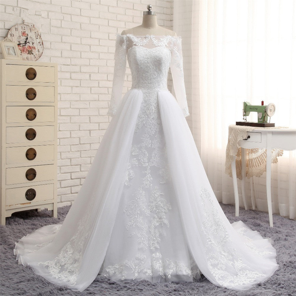 Unique Bateau Longsleeves A-line Wedding Dresses With Appliques White Tulle Bridal Gowns On Sale-27dress