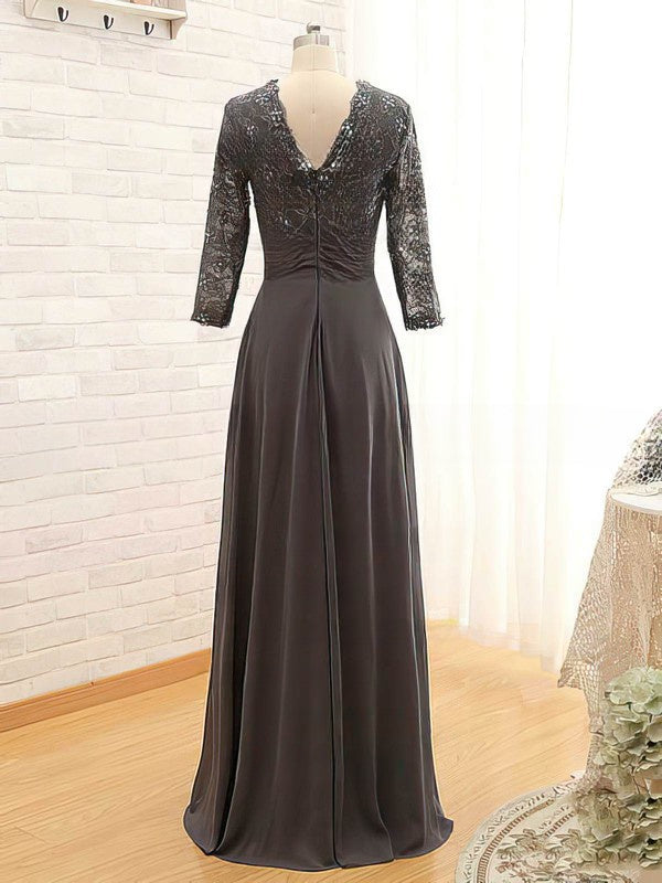 Unique Gray Mother of the Bride Dress with Beaded V-neck Lace Chiffon and 3/4 Sleeve