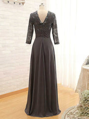 Unique Gray Mother of the Bride Dress with Beaded V-neck Lace Chiffon and 3/4 Sleeve