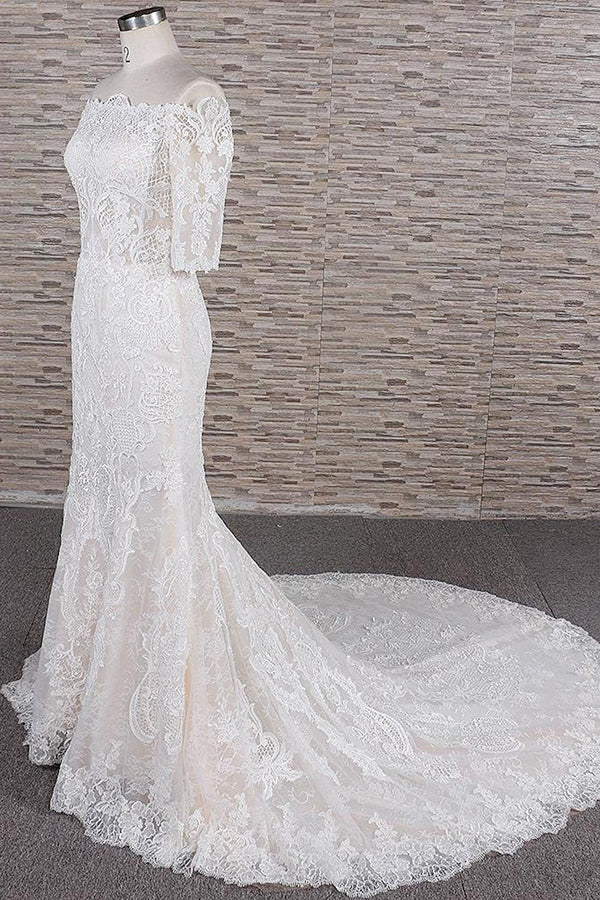 Unique Halfsleeves Lace Mermaid Wedding Dresses Champagne Bateau Bridal Gowns On Sale-27dress