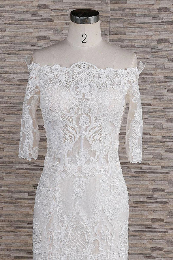 Unique Halfsleeves Lace Mermaid Wedding Dresses Champagne Bateau Bridal Gowns On Sale-27dress