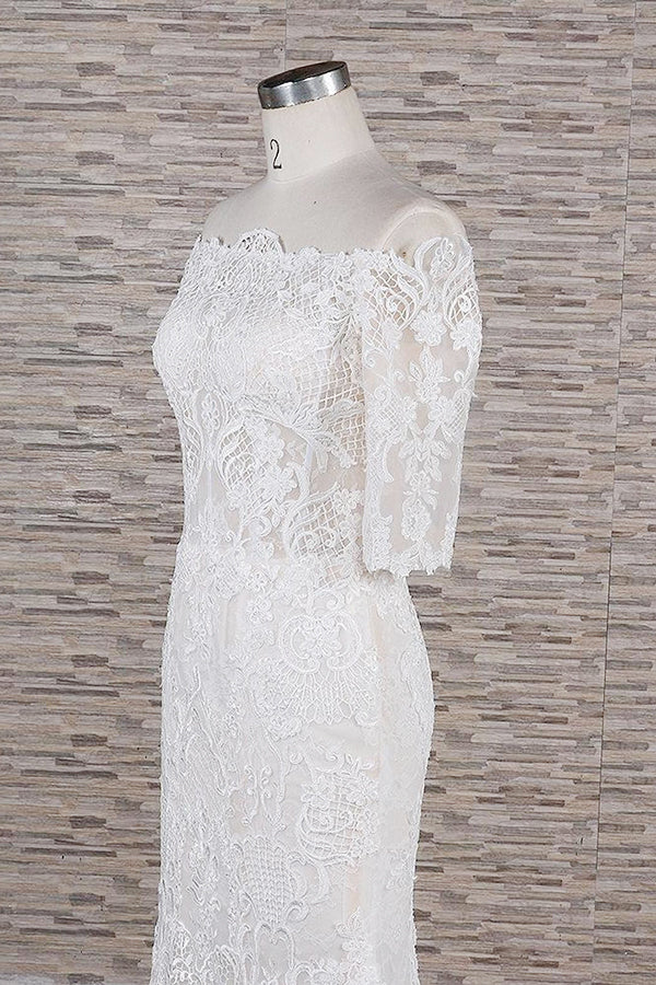 Unique Halfsleeves Lace Mermaid Wedding Dresses Champagne Bateau Bridal Gowns On Sale-27dress