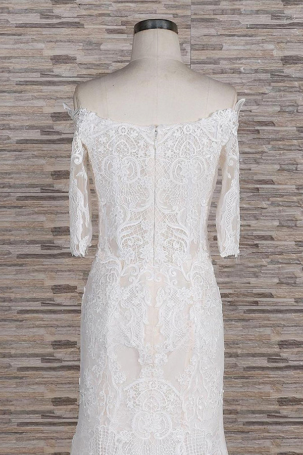 Unique Halfsleeves Lace Mermaid Wedding Dresses Champagne Bateau Bridal Gowns On Sale-27dress