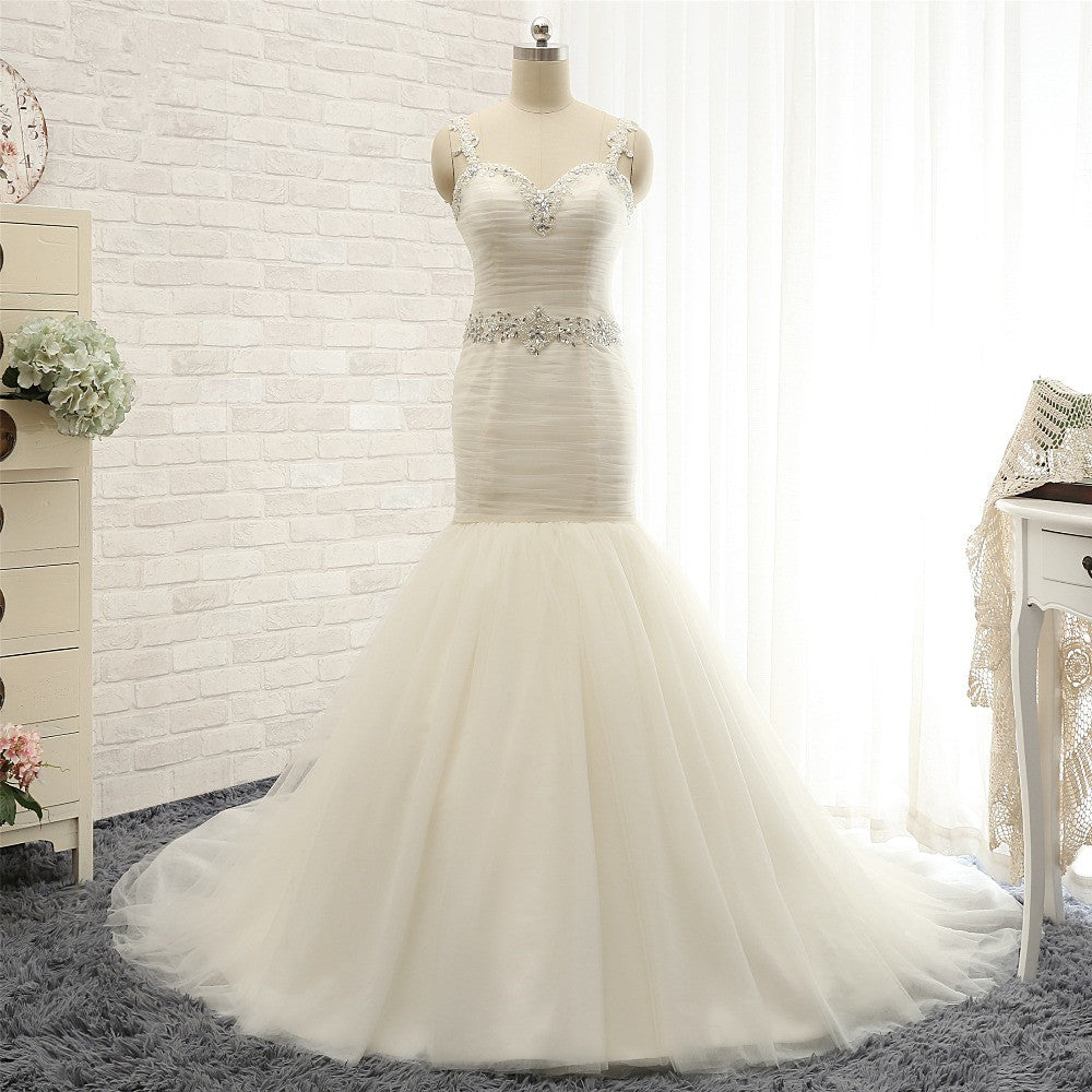 Load image into Gallery viewer, Unique Ivory Straps Mermaid Wedding Dresses Tulle Ruffles Sequins Bridal Gowns Online-27dress
