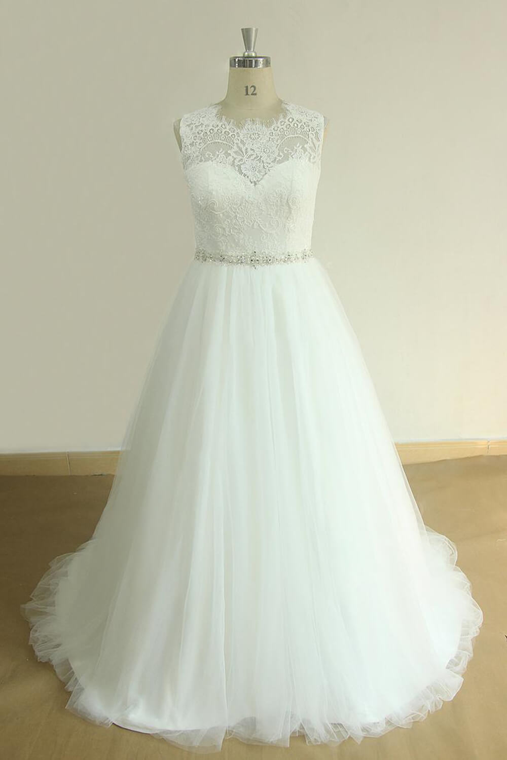 Load image into Gallery viewer, Unique Jewel Sleeveless Lace Wedding Dresses White A-line Tulle Bridal Gowns On Sale-27dress

