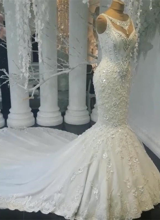Unique Jewel Sleeveless White Wedding Dresses Mermaid Lace Bridal Gowns With Appliques Online-27dress