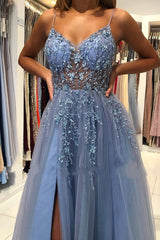 Unique Long A-line V-neck Tulle Open Back Prom Dress with Slit-27Dress