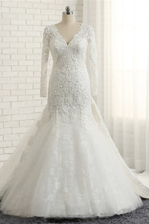 Unique Mermaid Longsleeves V-neck Wedding Dresses White Lace Bridal Gowns With Appliques On Sale-27dress