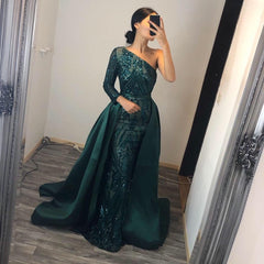 Unique Mermaid One Shoulder Sequins Long Prom Dress with Sleeves-27Dress