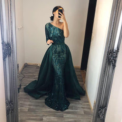 Unique Mermaid One Shoulder Sequins Long Prom Dress with Sleeves-27Dress