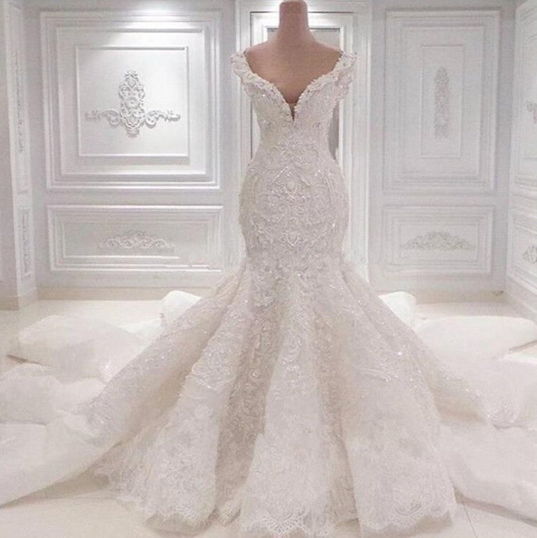Unique Sleeveless Straps White Wedding Dresses With Appliques V-neck Mermaid Lace Bridal Gowns On Sale-27dress