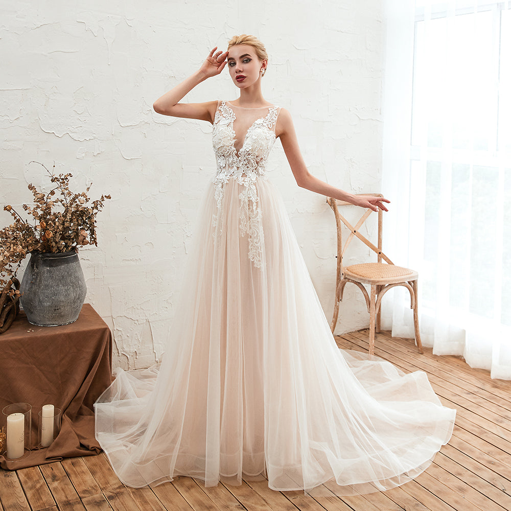 Unique Tulle V-Neck Ivory Affordable Wedding Dress with Appliques-27dress