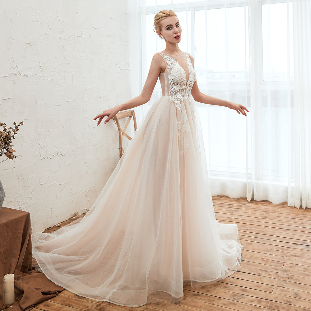 Unique Tulle V-Neck Ivory Affordable Wedding Dress with Appliques-27dress
