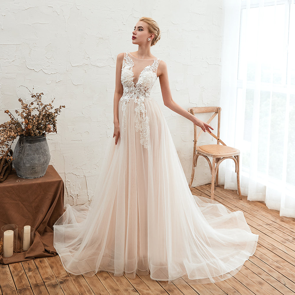 Unique Tulle V-Neck Ivory Affordable Wedding Dress with Appliques-27dress