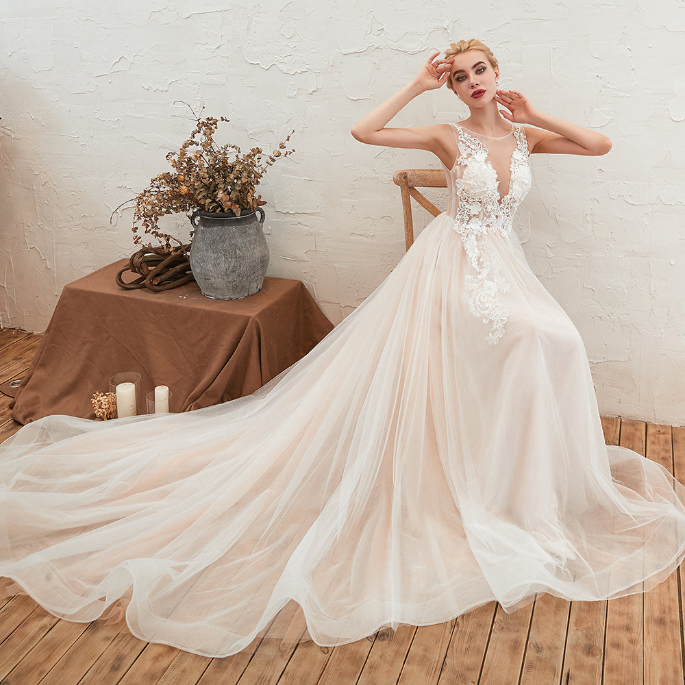 Unique Tulle V-Neck Ivory Affordable Wedding Dress with Appliques-27dress