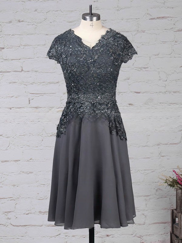 V-neck A-line Knee-length Beaded Chiffon Tulle Mother of the Bride Dress