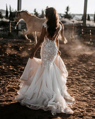 V-Neck Cap Sleeves Wedding Dress Mermaid With Appliques-27dress