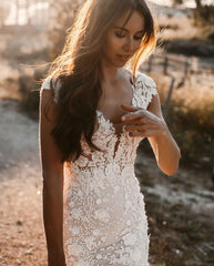 V-Neck Cap Sleeves Wedding Dress Mermaid With Appliques-27dress